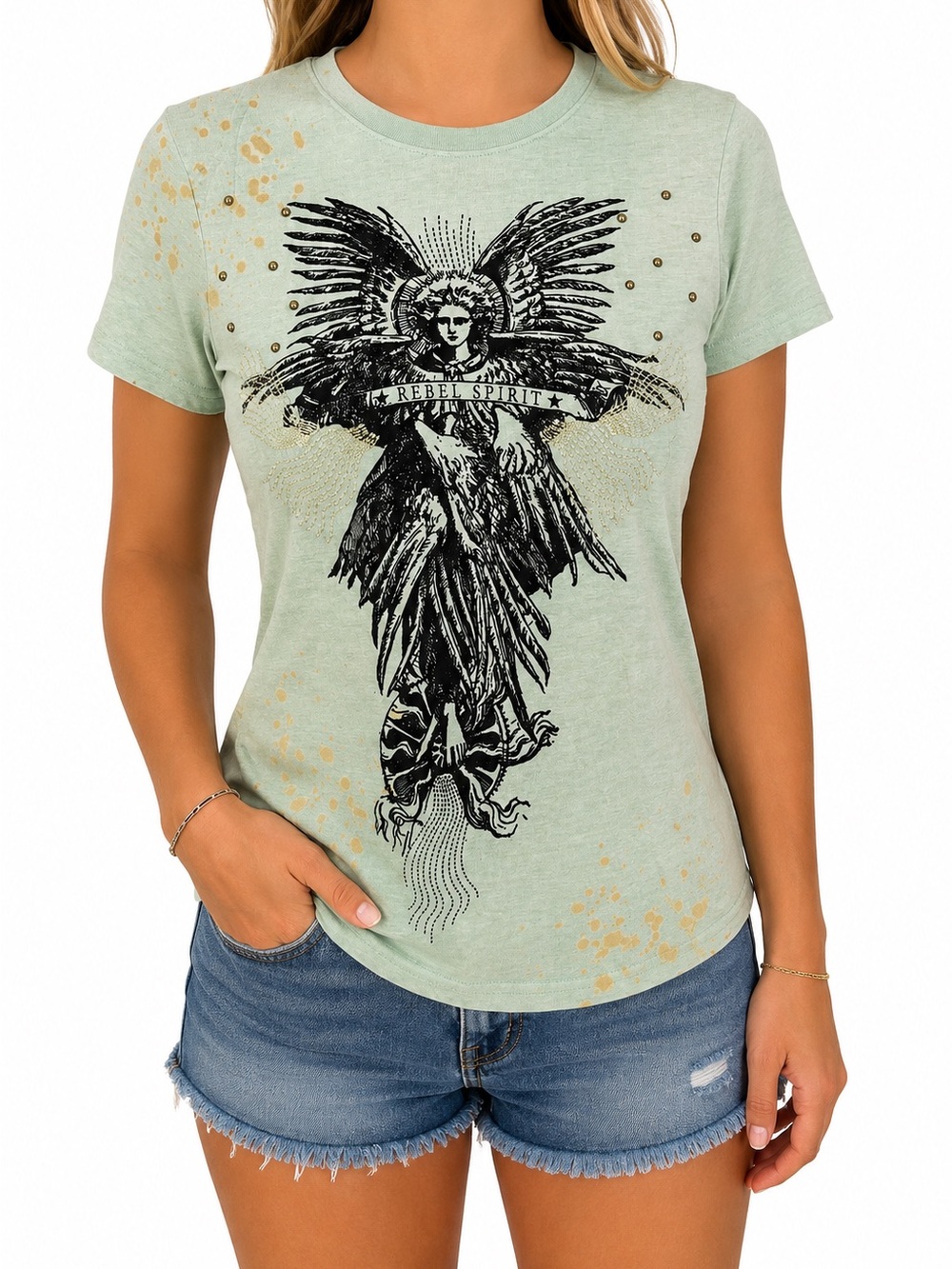 Rebel Spirit Women’s Green Angel Graphic Tee Rhinestone Studded Crew Neck S